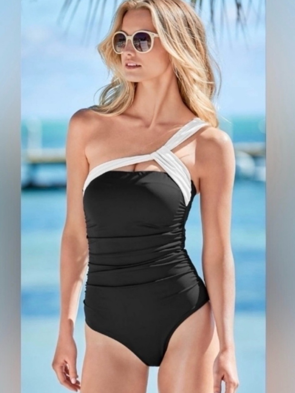 Venus Women's Black One-Shoulder Swimsuit with White Strap